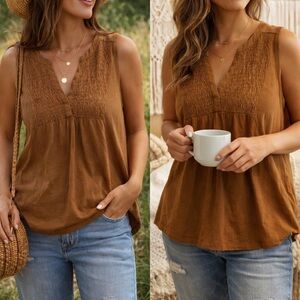 Lucky Brand Smocked Sleeveless Blouse Medium Brown Boho Top
